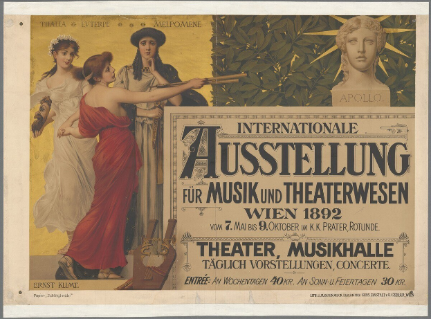 Plakat für die Internationale Ausstellung für Musik und Theaterwesen in Wien, österreich, das eine Gruppe von Menschen in einem Kreis mit einer Frau, die ein Musikinstrument hält, in der Mitte zeigt und Text, der eventuelle Details enthält.