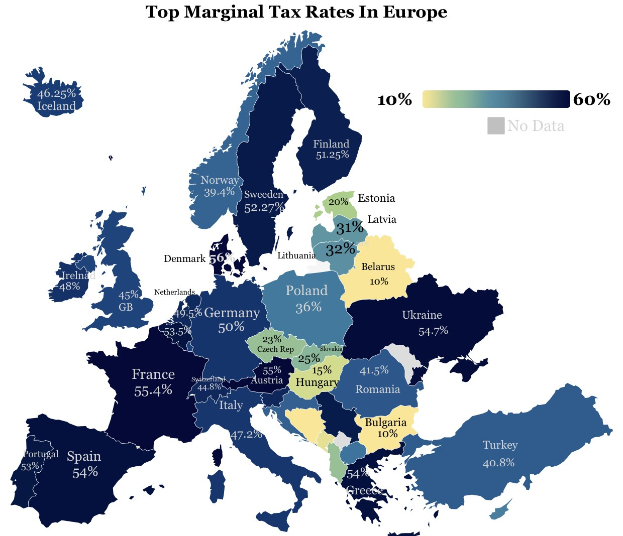 Eine Karte von Europa, die die Spitzensteuersätze pro Land anzeigt, mit dem Titel "Spitzensteuersätze in Europa."