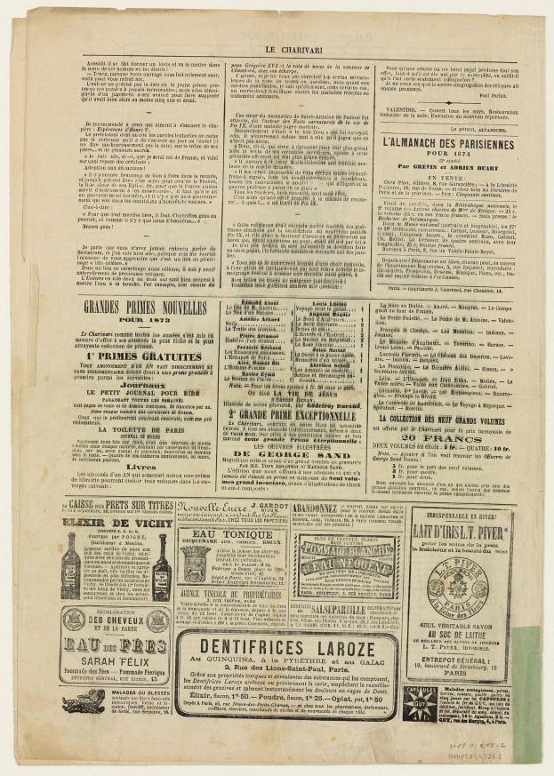 Alte Zeitung mit mehreren Anzeigen, Text und Bildern aus einer vergangenen Ära.