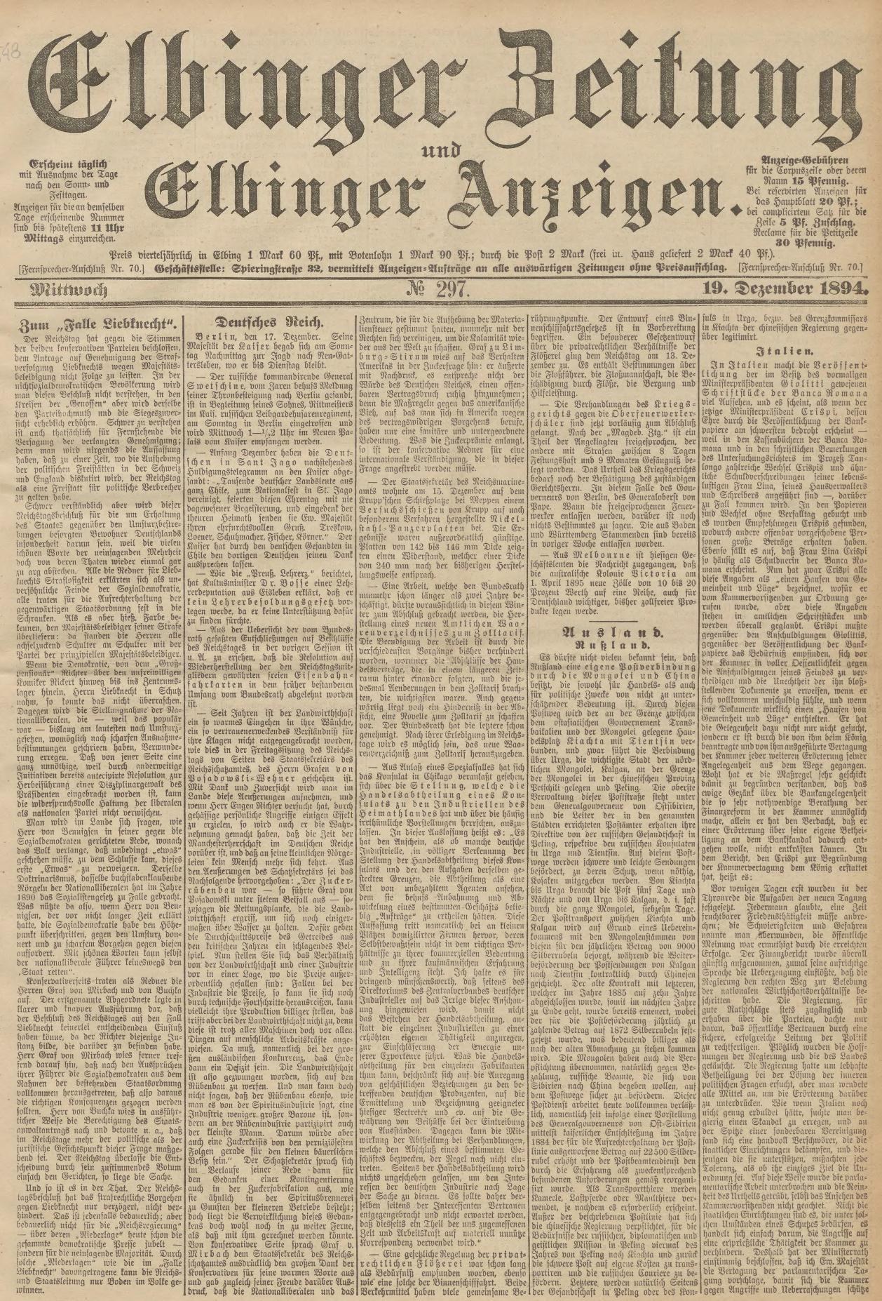 Alte deutsche Zeitung *Elbinger Beitung und Elbinger Anzeigen* vom 19. Dezember 1894 mit Schwarz-Weiß-Porträt eines Mannes, der zur Seite schaut.