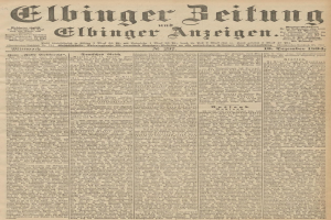 Alte deutsche Zeitung *Elbinger Beitung und Elbinger Anzeigen* vom 19. Dezember 1894 mit Schwarz-Weiß-Porträt eines Mannes, der zur Seite schaut.