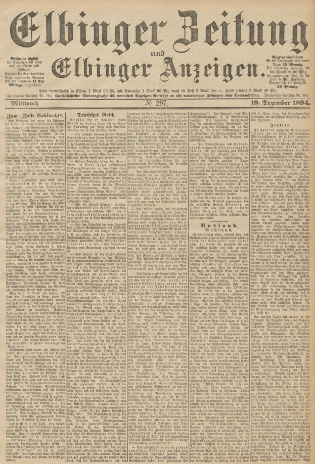 Alte deutsche Zeitung *Elbinger Beitung und Elbinger Anzeigen* vom 19. Dezember 1894 mit Schwarz-Weiß-Porträt eines Mannes, der zur Seite schaut.
