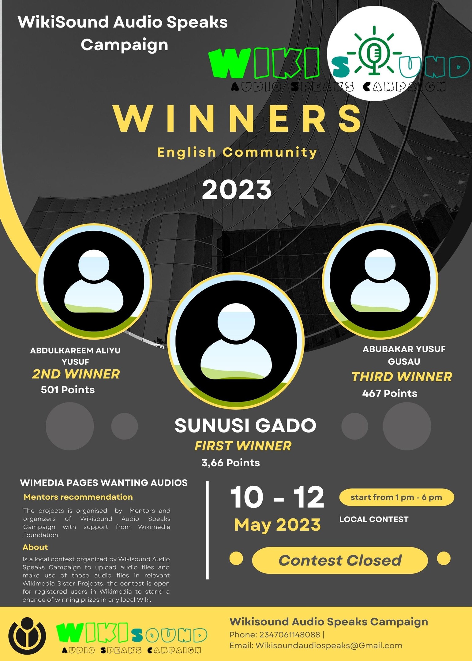 Hell leuchtender Plakat mit blauem Hintergrund und gelb-weißer Schrift für die Wikisound Audio Speaks Kampagne, mit dem Wort 'Gewinner' in fetten Großbuchstaben und mehreren lächelnden Fotos von Menschen in der Mitte.
