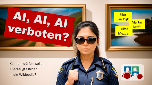 Eine Frau in einer Polizeiuniform und Sonnenbrille steht vor einer Wand mit zwei Foto Rahmen, während bearbeiteter Text links erscheint, der "AI, AI, AI Verboten?" liest.