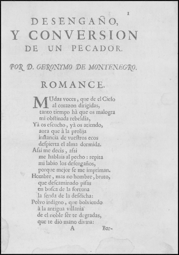Black-framed paper with the title "desengano, y conversion de un pecador por d geronimo de montenegro" printed on it.