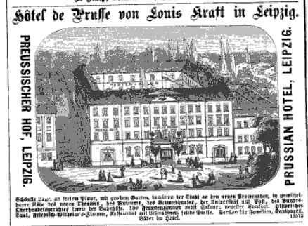 Black and white advertisement for a Leipzig hotel showing its building, surrounding trees, and people, accompanied by descriptive text.