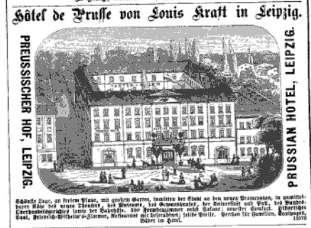 Black and white advertisement for a Leipzig hotel showing its building, surrounding trees, and people, accompanied by descriptive text.
