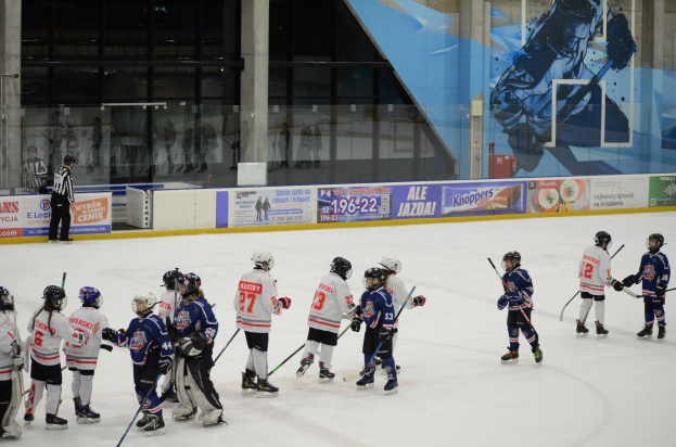 Gruppe junger Menschen beim Eishockey auf einer Indoor-Eisbahn, mit Helmen und Eishockeyschlägern, einer Person auf der linken Seite und Bannern, Säulen und Glaswänden im Hintergrund.