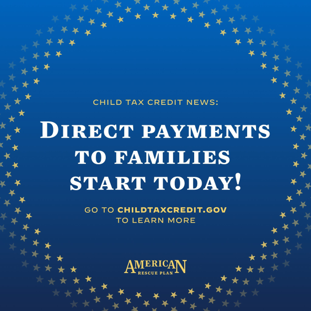 Plakat, das 'Direkte Zahlungen an Familien starten heute' ankündigt, mit einem sternförmigen Rahmen.