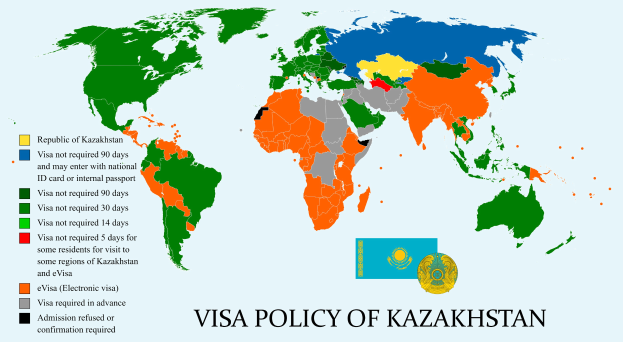 A world map with colors indicating Kazakhstan's visa policy, titled "Visa Policy of Kazakhstan" at the bottom.