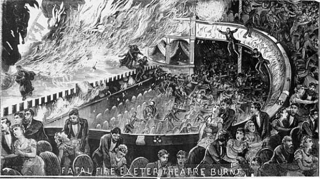 Black and white illustration of a panicked crowd in a burning theater, with smoke filling the air and the caption "Fatal Fire Exeter Theatre Burn" at the bottom.