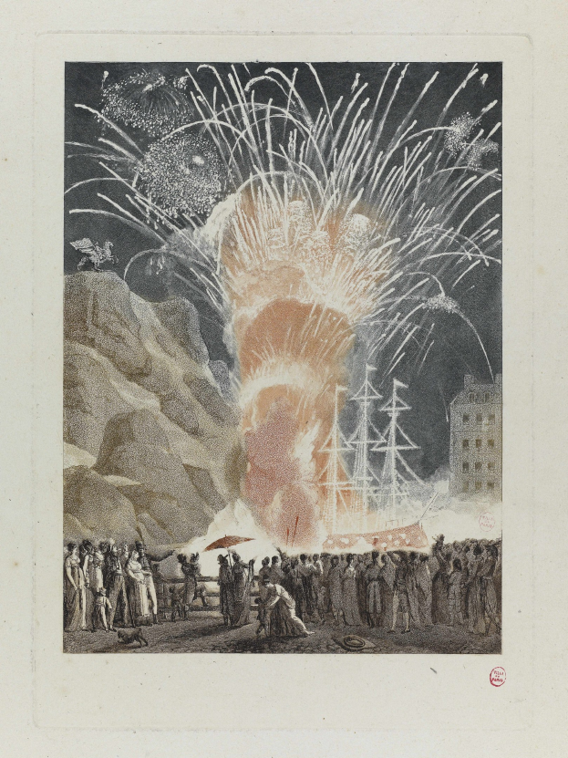 Group of people standing before a large explosion, with a ship in the background, rocks to the left, a building to the right, and fireworks in the sky.