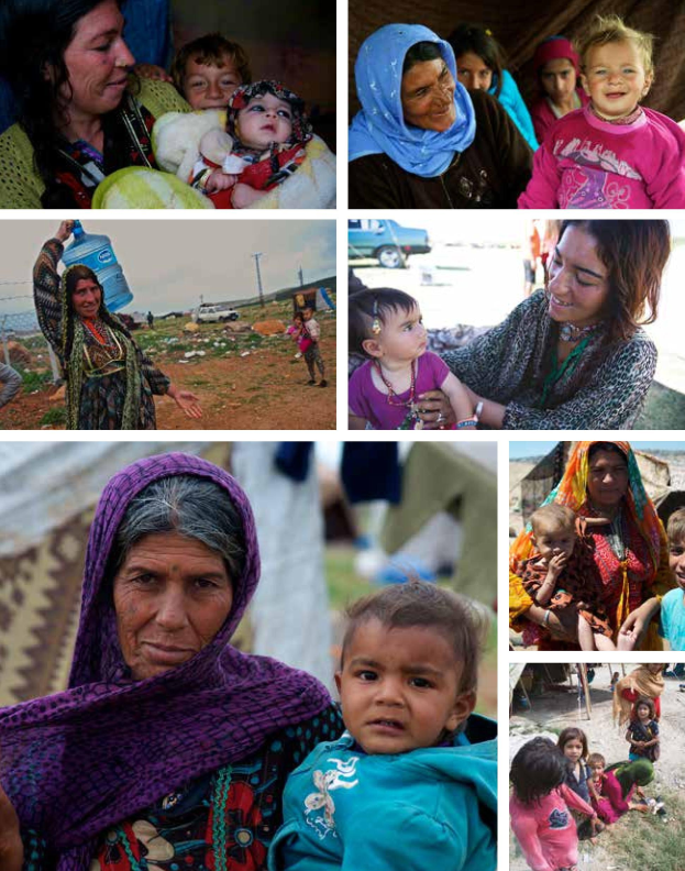 Eine Collage von Fotos von Frauen und Kindern in Afghanistan, die eine humanitäre Krise darstellen: Eine Frau hält ein Baby und einen Wasserkrug in den Händen, zwei Frauen und zwei Kinder lächeln, und eine Frau mit einem Kind im Vordergrund mit Fahrzeugen und Polen im Hintergrund.