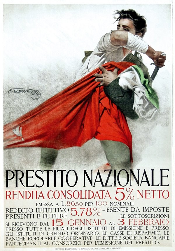 Plakat mit einem Mann in einem weißen Hemd, der ein rotes Tuch hält, mit der Aufschrift "Prestito Nazionale Rendita Consolidata 5% Netto" darüber.