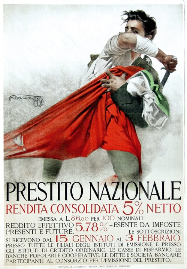 Plakat mit einem Mann in einem weißen Hemd, der ein rotes Tuch hält, mit der Aufschrift "Prestito Nazionale Rendita Consolidata 5% Netto" darüber.