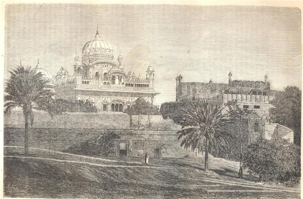 Engraving of the Taj Mahal, a large white marble building with a central dome, surrounded by trees, a wall, and a person standing in front, with the sky visible in the background and text at the bottom.