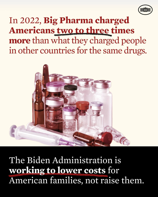 Ein Plakat, das zeigt, dass Big Pharma 2022 Amerikaner zwei bis drei Mal mehr für dieselben Medikamente berechnet hat als in anderen Ländern, mit ein paar Flaschen und einer Spritze.