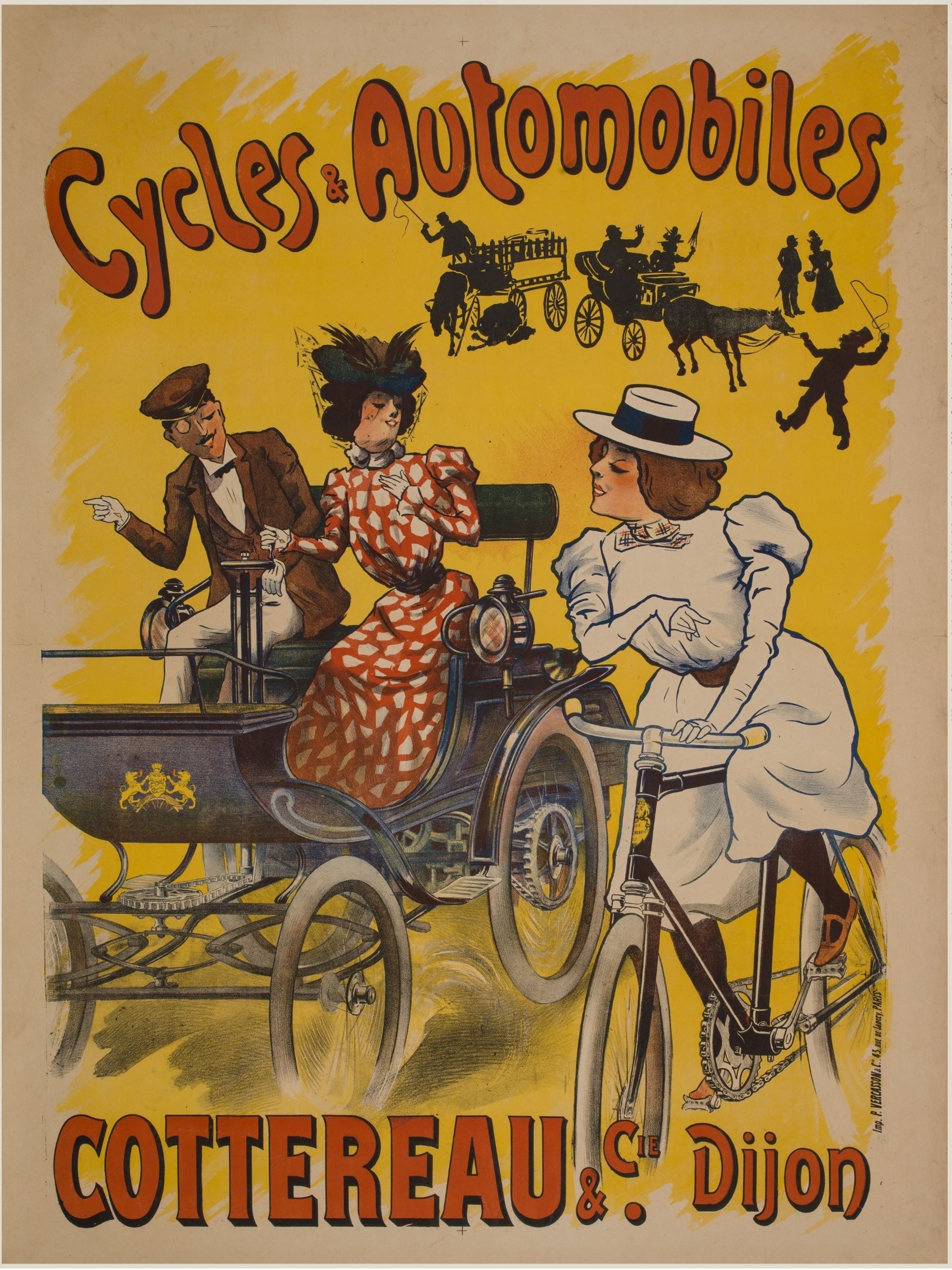 Poster advertising cycles and automobiles in Cottereau and Dijon, France, featuring people riding bicycles and a horse-drawn carriage with the text "Cycles and Automobiles" at the top.