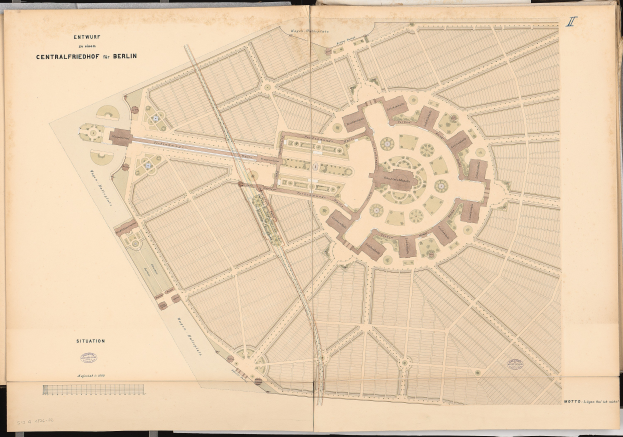 An old book with a detailed map of Berlin's streets, buildings, and landmarks on its cover, accompanied by text providing additional information.