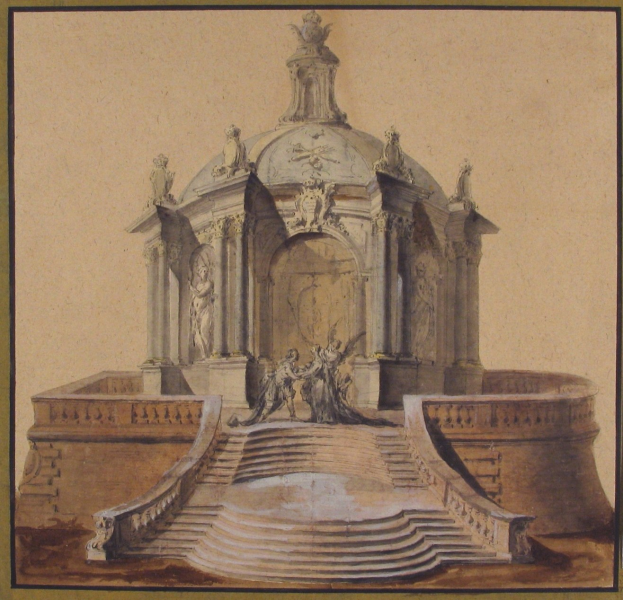 Ein gerahmtes Bild einer Brunnenzeichnung mit einer Statue darauf, umgeben von Stufen und Skulpturen im klassischen Stil.