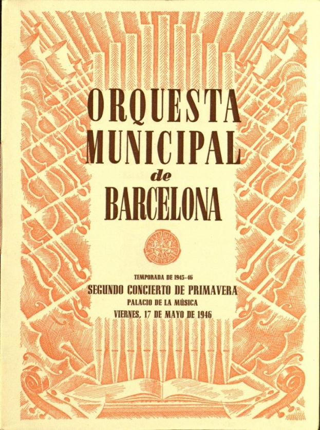 Offenes Buch mit dem Titel "Orquesta Municipal de Barcelona" in fetter schwarzer Schrift und blauen, grünen und gelben Illustrationen auf der sichtbaren Seite.