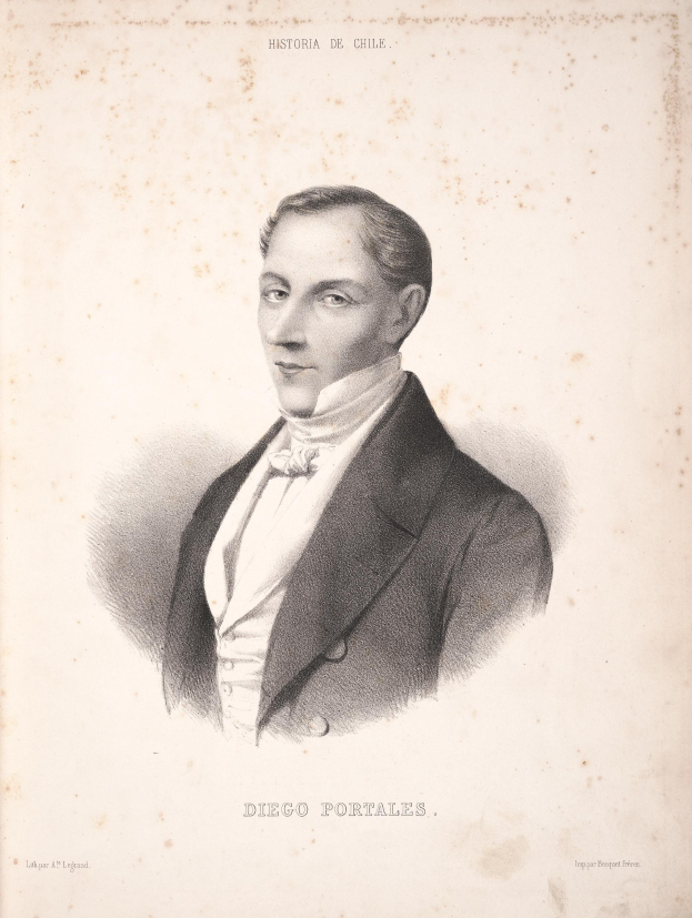 Schwarz-weiß-Zeichnung eines Mannes in einem Anzug, identifiziert als Diego Portales, mit Text auf seiner Kleidung, der seine Beiträge zur mexikanischen Revolution beschreibt.