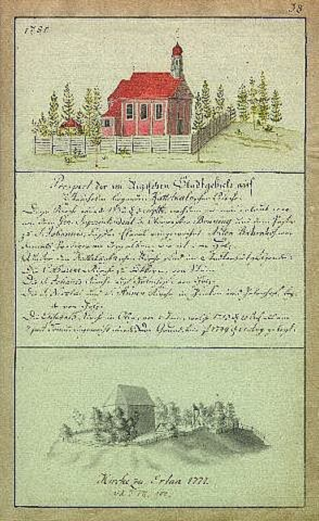 Ein altes Buch mit einer Zeichnung eines roten Hauses, das von Bäumen und einem Zaun umgeben ist, beschriftet mit "Deutsche Schule in den Niederlanden, 1777".