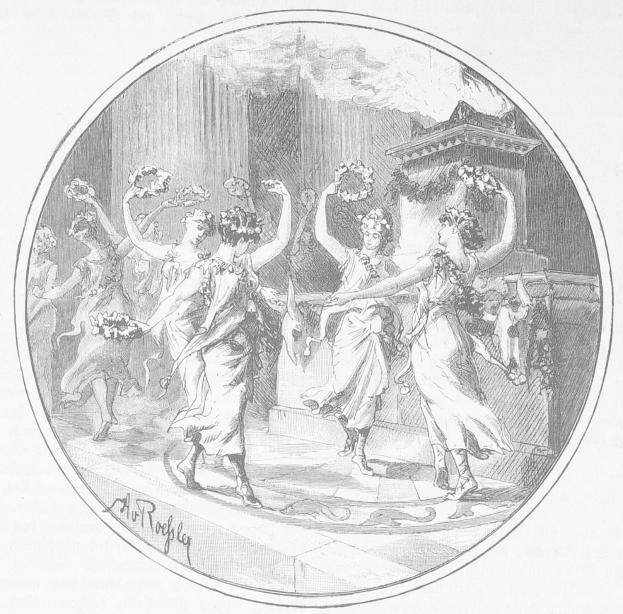 Schwarzes und weißes Zeichnung von Frauen in bunten Kleidern, die mit erhobenen Armen tanzen, vor einem hohen Gebäude mit einem großen Torbogen.