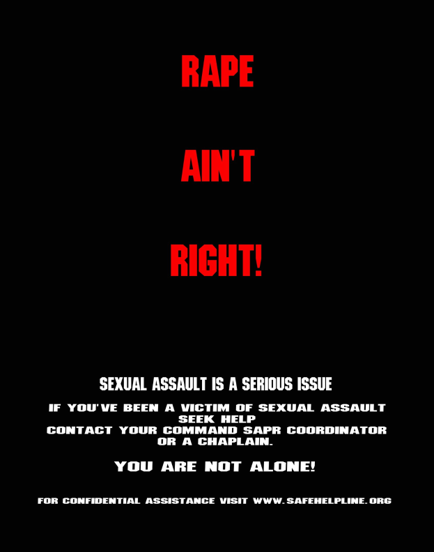 Plakat mit fettem schwarzem Text auf einem weißen Hintergrund, der 'Rape Ain't Right: Sexual Assault is a Serious Issue' liest, eingerahmt von einem schwarzen Rand.