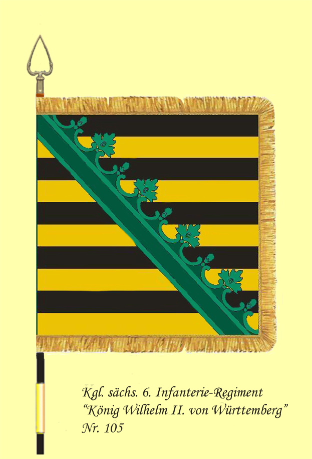 Ein Plakat mit einer gelb-schwarzen gestreiften Flagge mit einem grünen und gelben Streifen, mit dem Text "König Wilhelm II von Württemberg" unten.