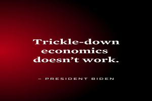 Poster with bold black text "Trickle-Down Economics Doesn't Work" on a white background, framed by a thin black border, accompanied by a quote from President Biden.