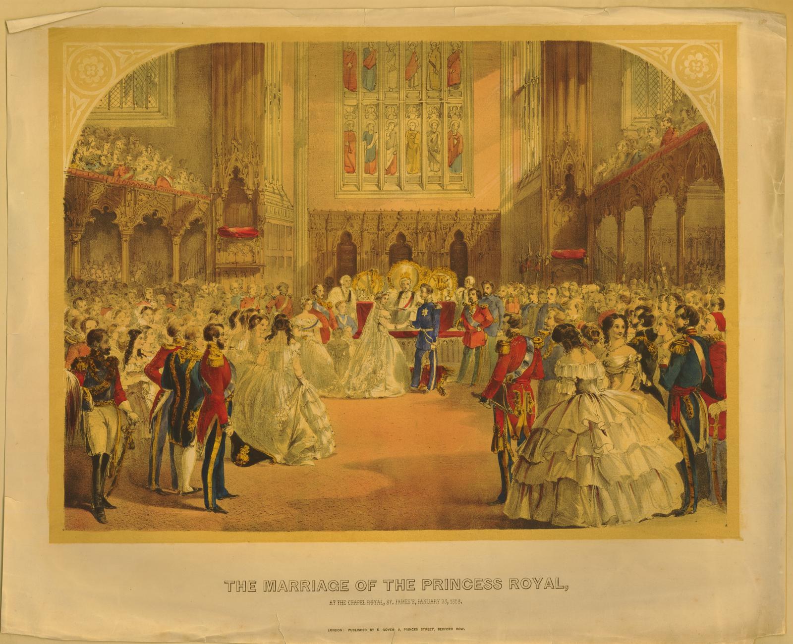Group of people standing in front of a wall with framed photos, with text at the bottom reading "The Marriage of The Princess Royal".