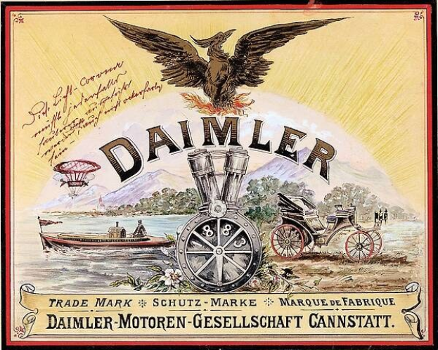 Plakat mit einer Kutsche, einem Boot auf dem Wasser, Bäumen, Bergen, einem Adler und dem Text "Daimler Motor-Motoren-Gesellschaft Cannstatt".