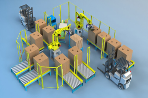 Group of automated robots handling cardboard boxes on conveyor belts in a high-tech warehouse with vehicles visible on the floor.