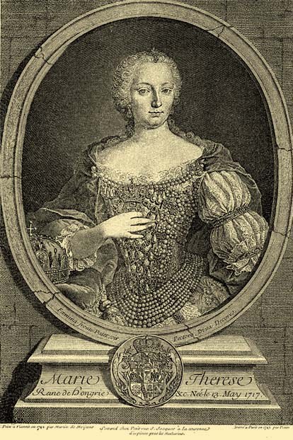 Engraving of a woman in a white high-necked dress with hair in a bun, holding a medal with inscribed text, likely depicting Marie Antoinette.