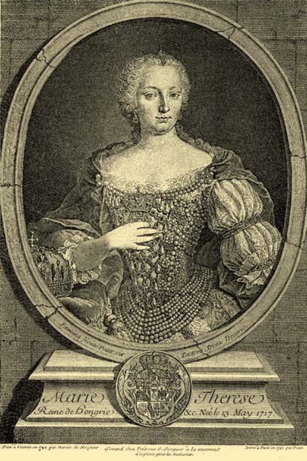 Engraving of a woman in a white high-necked dress with hair in a bun, holding a medal with inscribed text, likely depicting Marie Antoinette.