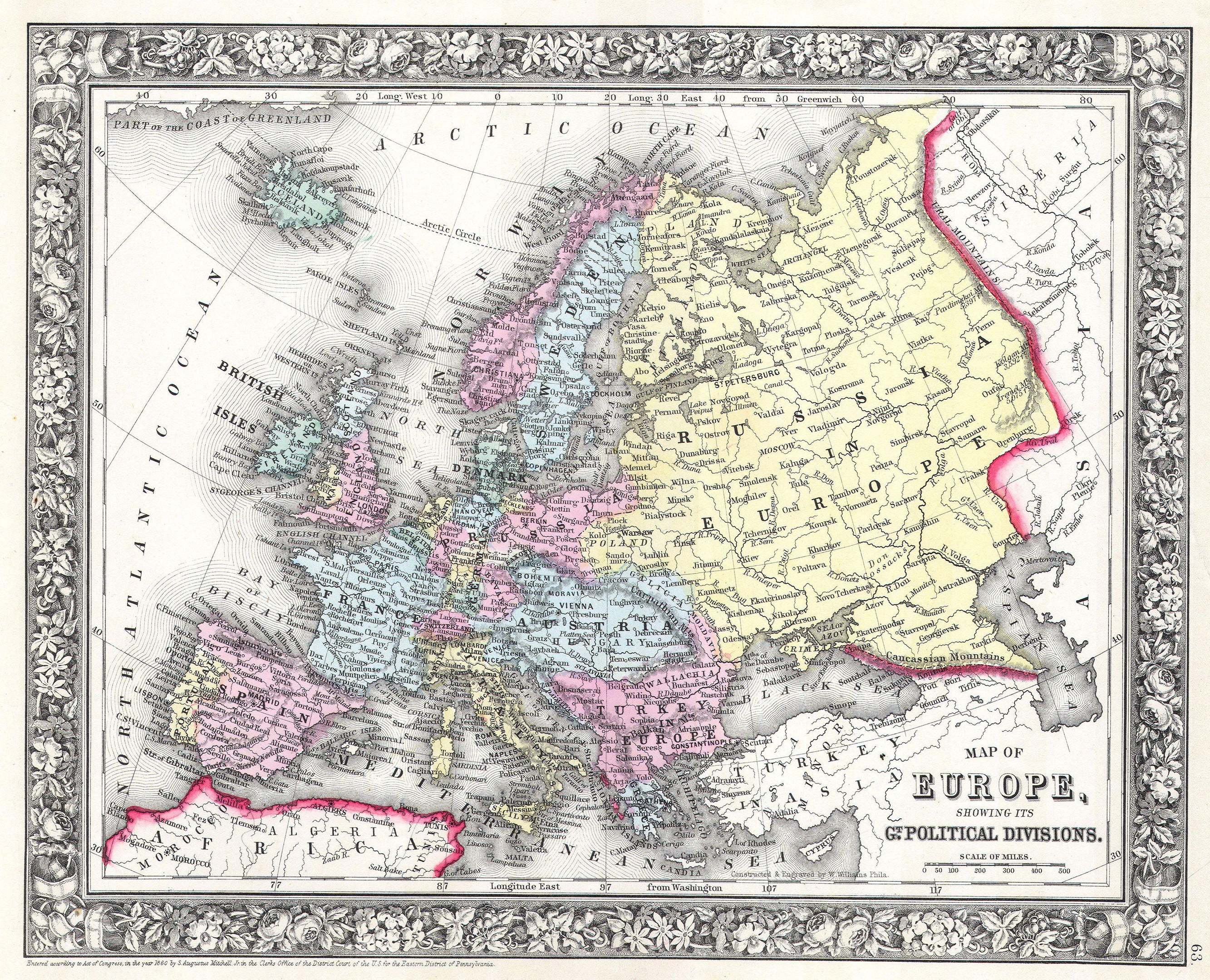 Old map of Europe framed in a photo frame, with the British Empire's extent shown in the background and the text "Map of Europe showing its political divisions" visible.