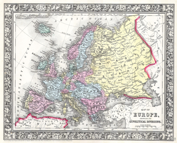 Old map of Europe framed in a photo frame, with the British Empire's extent shown in the background and the text "Map of Europe showing its political divisions" visible.