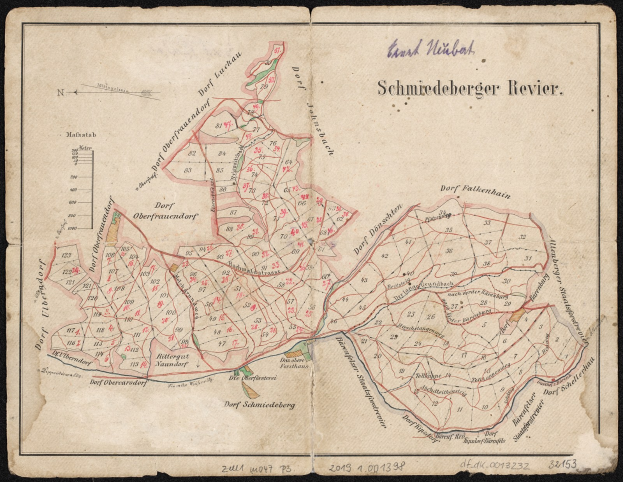 Detailed old map of Schiederberger, Germany, with streets, buildings, and landmarks on a black background.