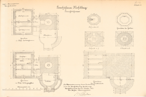 Old book open to a detailed floor plan drawing of the Leuchtführerhof building in Hamburg, Germany, with labeled architectural features and text describing its layout.
