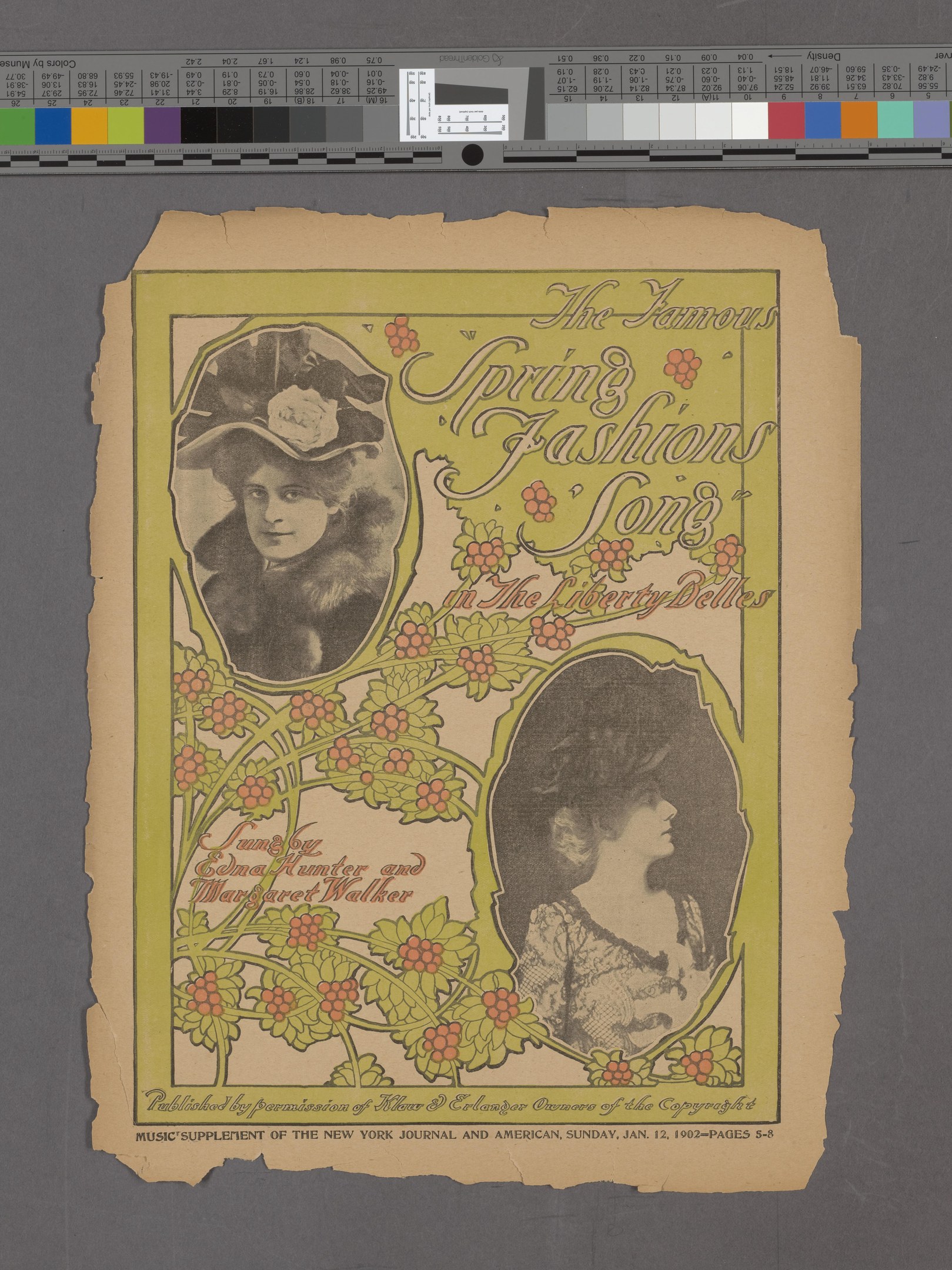 Paper with images of two women and text titled "The Famous Spring Fashions Song," featuring color scales at the top.
