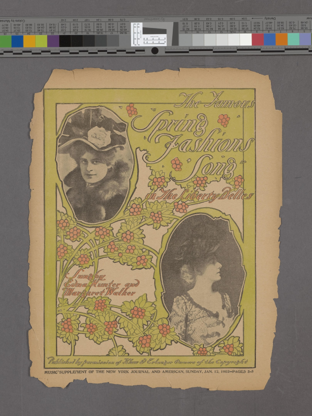 Paper with images of two women and text titled "The Famous Spring Fashions Song," featuring color scales at the top.