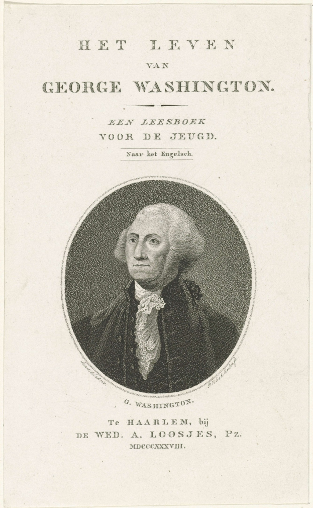Porträt von George Washington auf Papier mit Text, der nach vorne schaut, mit ernstem Gesichtsausdruck, Anzug und Krawatte tragend, zurückgekämmtes Haar sichtbar.