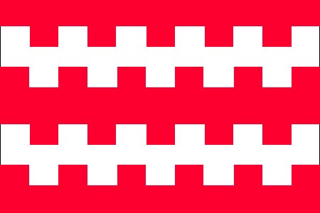 Eine rote Flagge mit einem mittig platzierten weissen Kreuz, das aus abwechselnden weissen und roten Quadraten besteht.