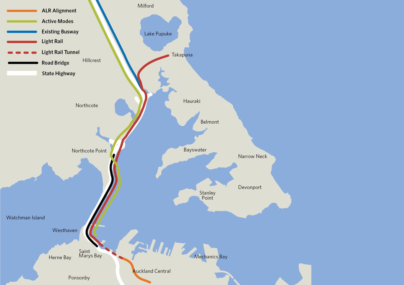 Detailierte Stadtkarte mit roter Linie, die die vorgeschlagene Bahnroute markiert, einschließlich Haltestellen und Umgebung mit Textbeschriftungen für Städte und Entfernungen.