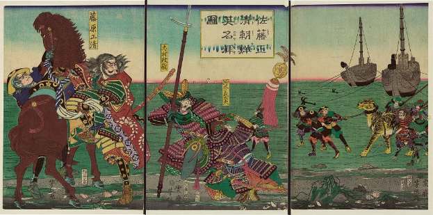 Drei Panels aus "Fünfzig-drei Stationen der Tokaido" von Utagawa Kunisada Toyokuni III/Kuniyoshi Toyokubi III, die eine Kampfszene mit Samurai-Kriegern zu Pferd, einen Tiger im Vordergrund, ein Boot auf dem Wasser im Hintergrund und Text auf den Panels zeigen.