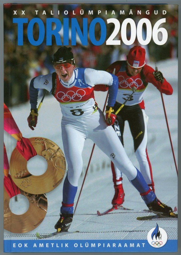 Plakat für die Olympischen Winterspiele 2006 in Turin, Italien, das zwei Skifahrer auf Schnee mit Skistöcken und dem Text "Turin 2006" oben zeigt.