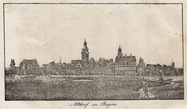 Eine Stadtansicht mit einem zentralen Uhrenturm, umgeben von Gebäuden, Bäumen und Gras, mit der Beschriftung "Alterhof in Bayern" unten.