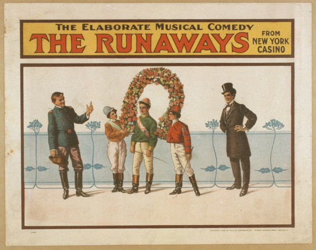 Plakat für "Elaborate Musical Comedy Runaways from New York Casino" mit einer Gruppe von Menschen in einer Reihe, einer Person mit einem Blumenstrauß und Text, der die Comedy beschreibt.
