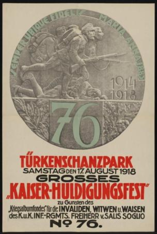 Plakat zum 70. Jubiläum des Kaiser-Huldigungsfestes in Berlin, Deutschland, mit einer Gruppe von Menschen und Texten sowie Zahlen in einem Rahmen.
